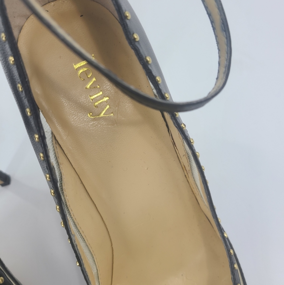 LEVITY BLACK AND SHEER LEATHER ANKLE STRAP PUMPS WITH GOLD STUDS..SIZE 8 - Picture 3 of 10